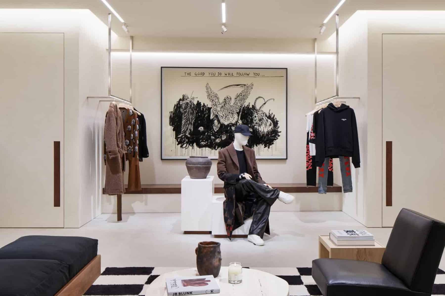 Gallery-like retail interior design for AMIRI in Tokyo by NOCOD Studio.