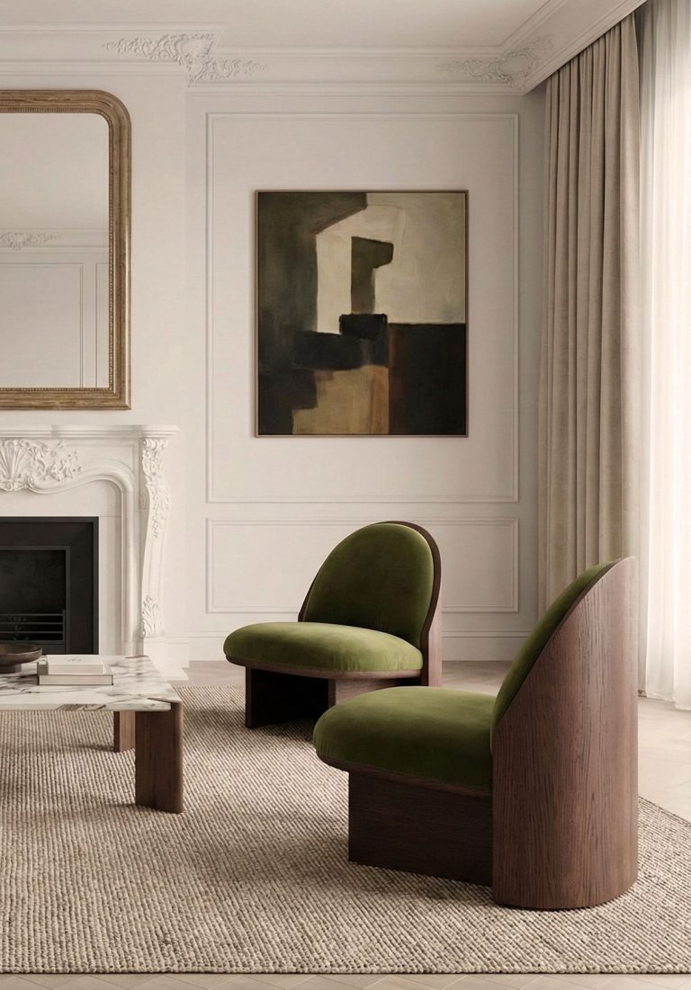 LANDSCAPE Armchair by NOCOD Studio for HOTHING — smoked oak and olive green velvet, installed in a classical Haussmann interior, Paris