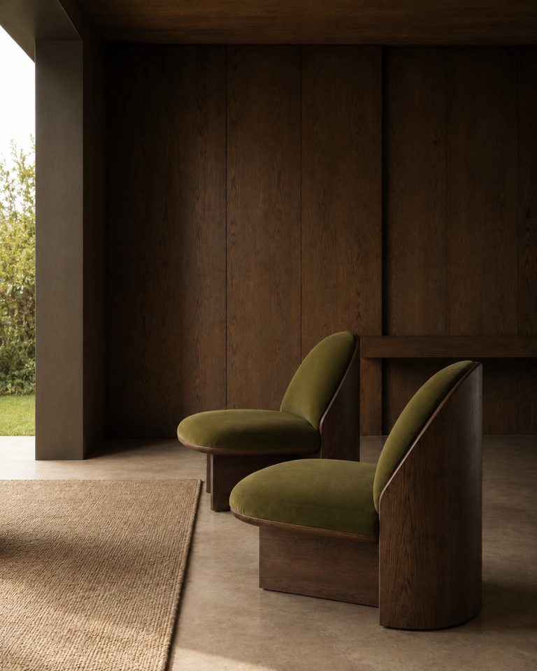 Two LANDSCAPE Armchairs by NOCOD Studio for HOTHING — smoked oak frame, olive green mohair, dark oak-panelled architectural setting
