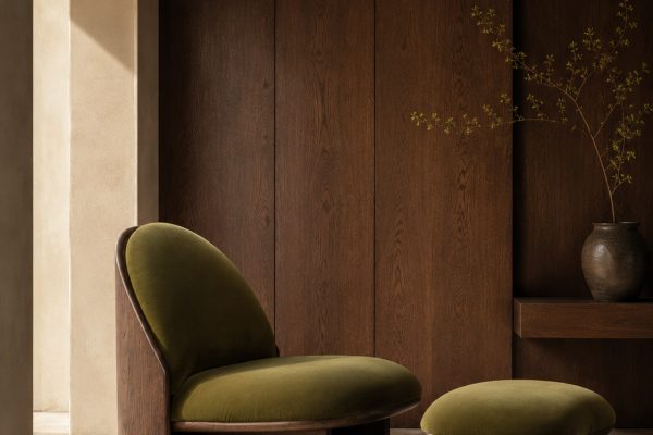 LANDSCAPE Armchair and Ottoman by NOCOD Studio for HOTHING — smoked oak frame, olive green mohair upholstery, geometric base. Furniture design edited in Asia