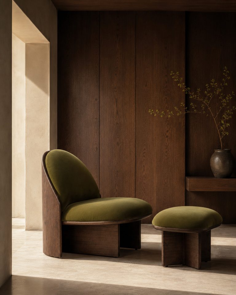 LANDSCAPE Armchair and Ottoman by NOCOD Studio for HOTHING — smoked oak frame, olive green mohair upholstery, geometric base. Furniture design edited in Asia