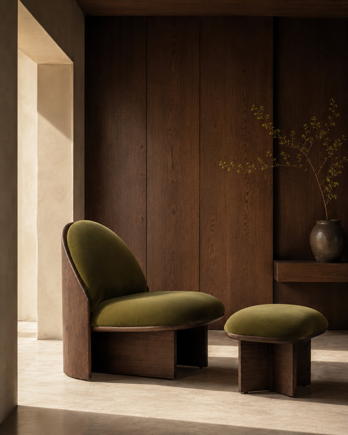 LANDSCAPE Armchair and Ottoman by NOCOD Studio for HOTHING — smoked oak frame, olive green mohair upholstery, geometric base. Furniture design edited in Asia