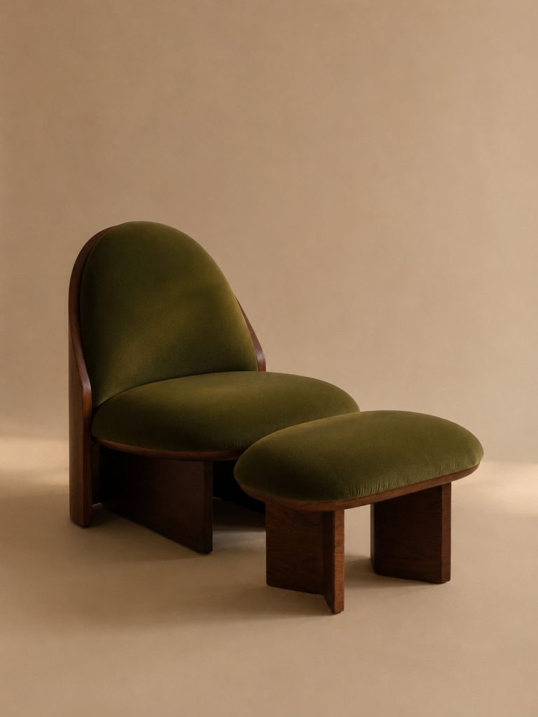 LANDSCAPE Armchair and Ottoman by NOCOD Studio for HOTHING — smoked oak, olive green mohair velvet, warm side light