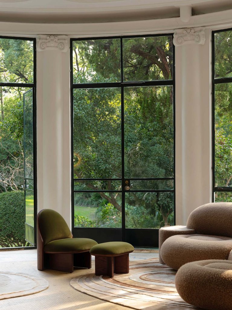 LANDSCAPE Armchair, Ottoman and side table by NOCOD Studio for HOTHING — smoked oak, olive green mohair velvet, garden light