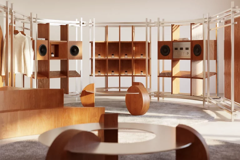 Pop-Up Store — NOCOD Studio. Custom oak shelving with integrated audio speakers and fragrance product display. Retail interior architecture.