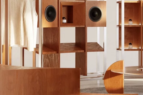 Pop-Up Store by NOCOD Studio — full circular interior. Oak modular shelving, perimeter metal rail system, organic sculptural forms and round rug.