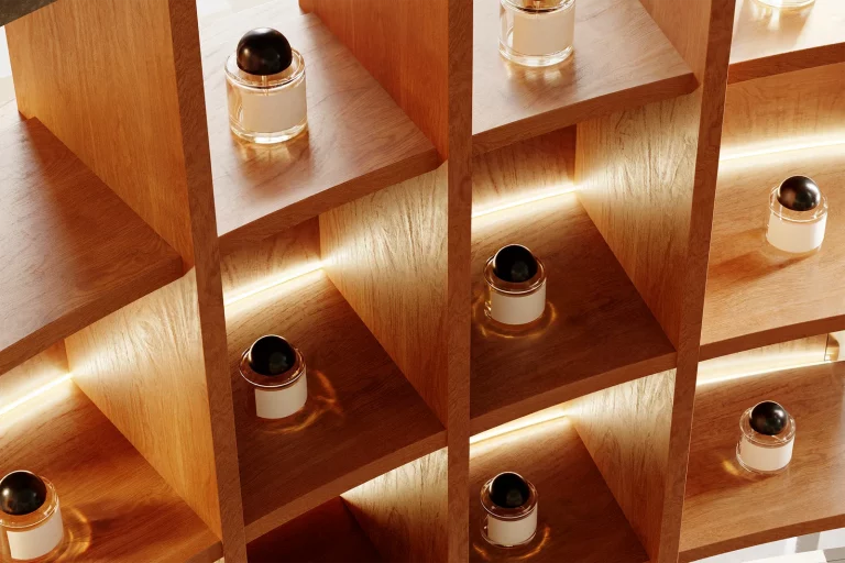 Pop-Up Store detail — NOCOD Studio. Diagonal oak shelving with LED underlighting and fragrance display. Warm oak grain and precise joinery