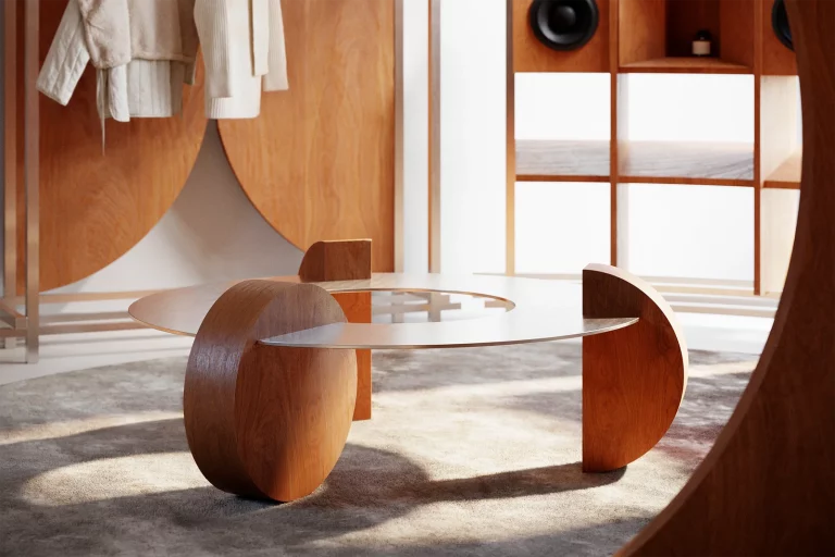 Pop-Up Store — NOCOD Studio. CAMO coffee table, oak and glass, anchoring the circular retail space. Framed by oval wall cutout.
